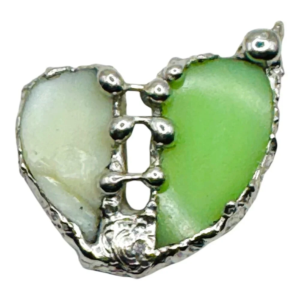 Vaseline Glass “Mended” Heart Pendant Bezel Artisan Crafted Glowing Glass - Picture 5 of 17